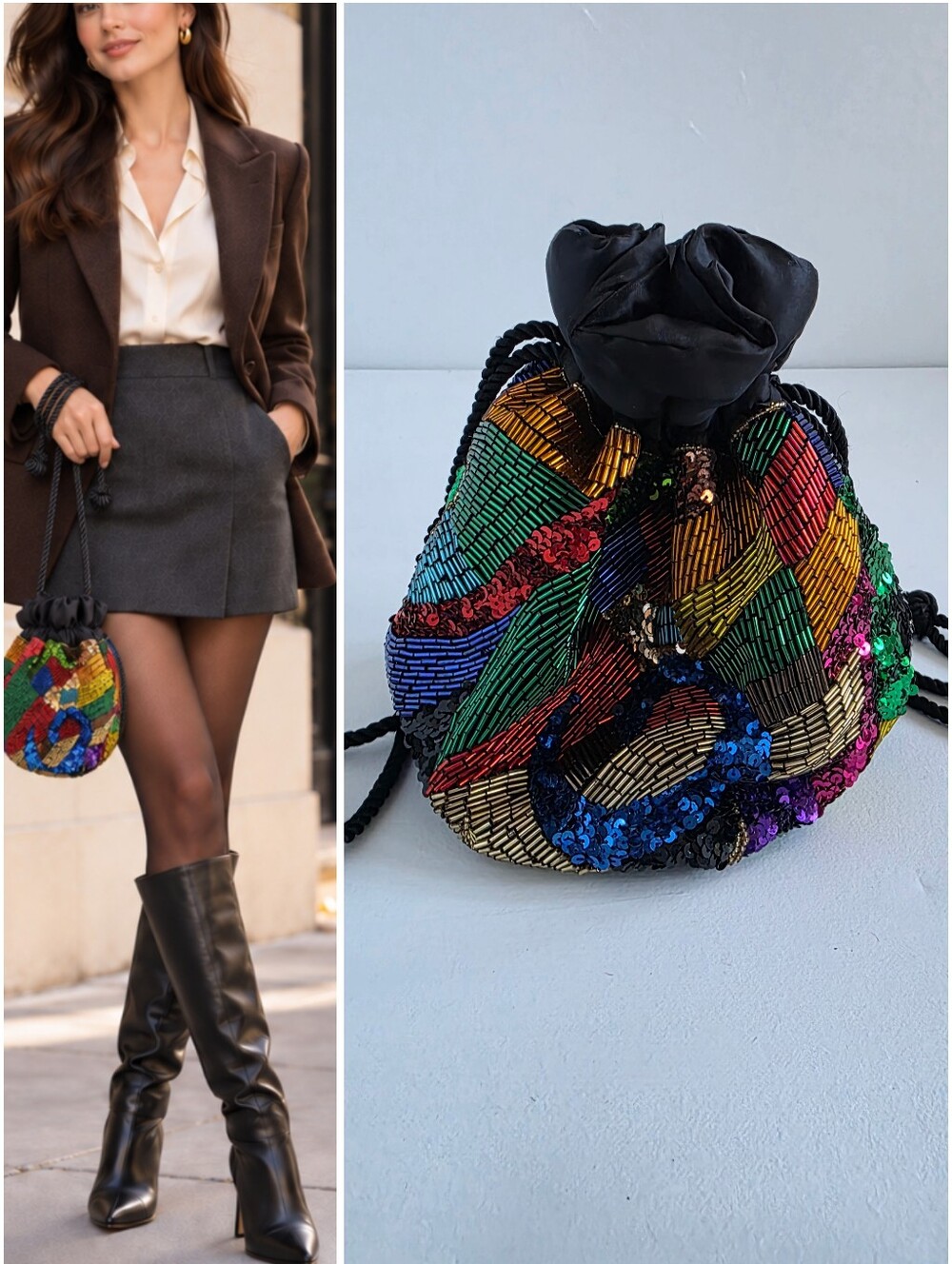 Neiman Marcus 80s Vintage Beaded Sequin Evening Bag Drawstring Statement Purse